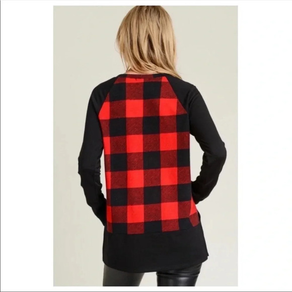 Buffalo Plaid Long Sleeve Top | Red Black Raglan Fall Winter Shirt - Picture 3 of 7